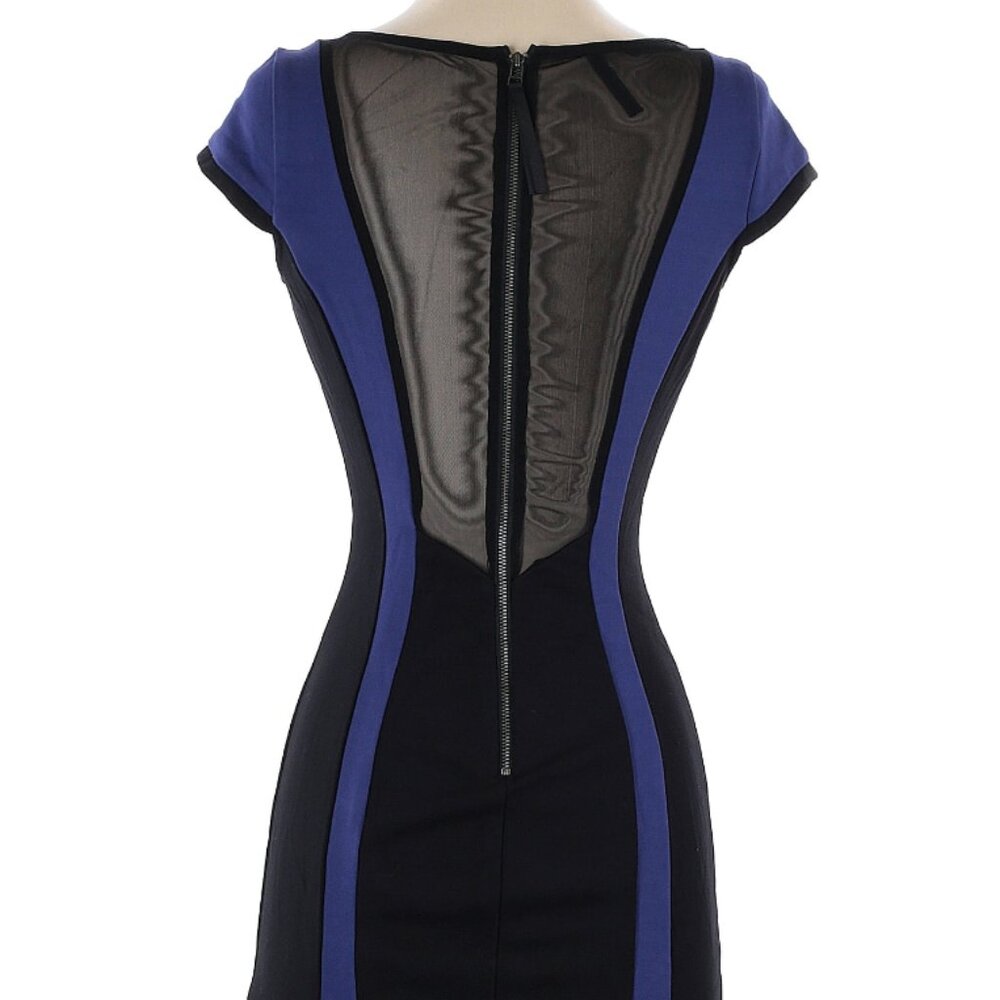 Black mini dress with blue accents, sheer back
